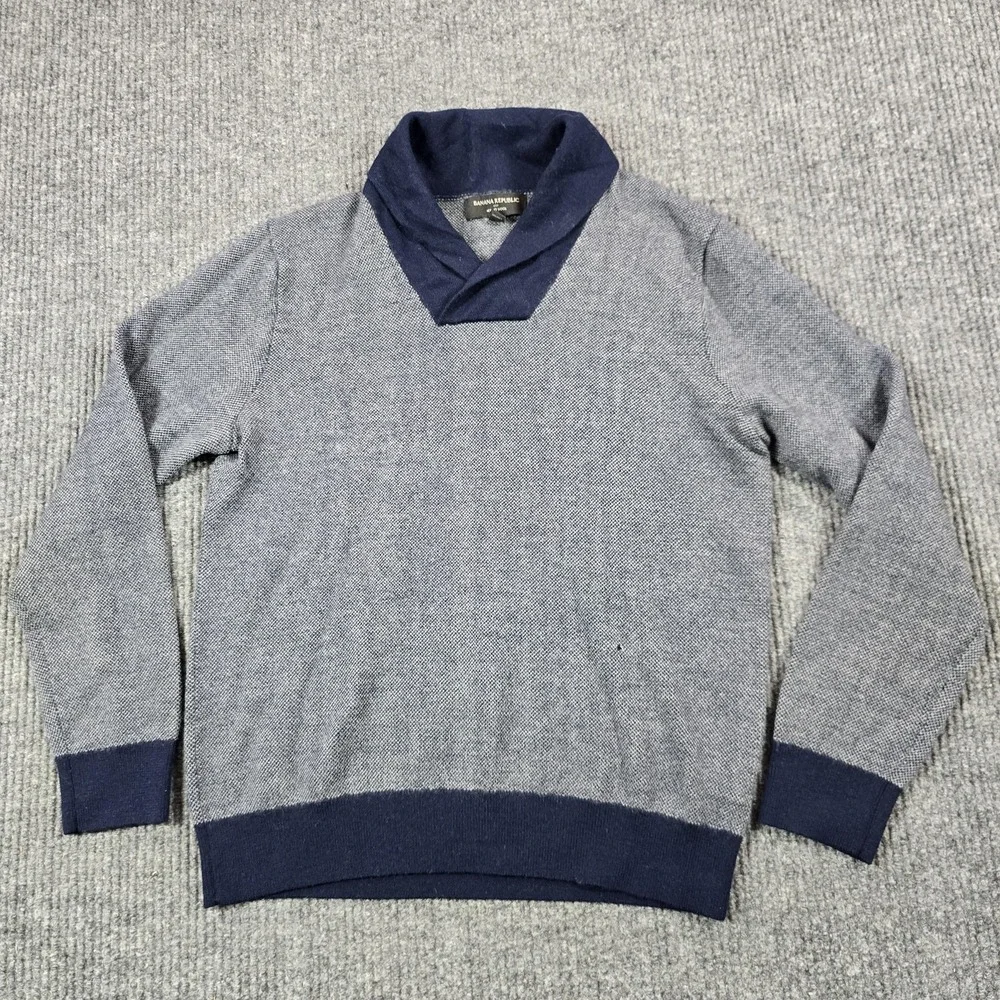 Banana Republic Sweater Mens Medium Blue Gray Merino‎ Wool Shawl Collar Pullover